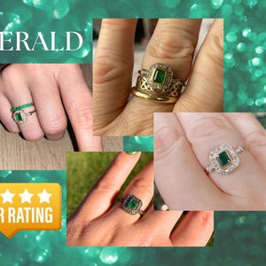 May include: Three emerald engagement rings with different settings. The rings are on the fingers of three different people. The rings are all set in gold or silver. The rings are all surrounded by small diamonds. The image has a 5 star rating.
