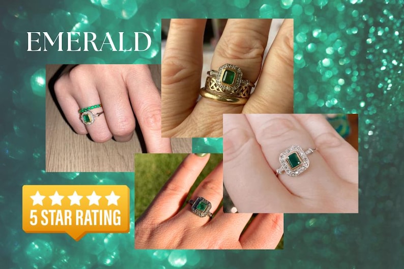 May include: Three emerald engagement rings with different settings. The rings are on the fingers of three different people. The rings are all set in gold or silver. The rings are all surrounded by small diamonds. The image has a 5 star rating.