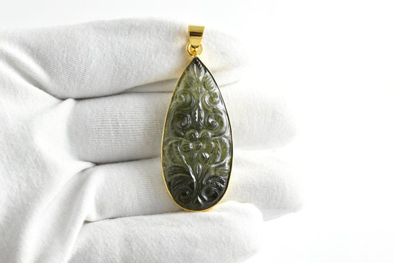 34ct Carved Moldavite Pendant, 14K Yellow Gold, Czech Gemstone