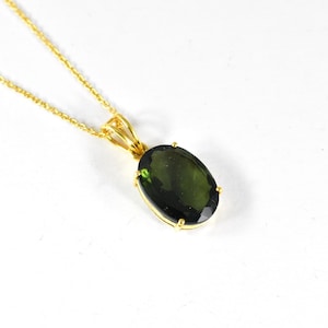 14k Gold Moldavite Pendant, Oval Faceted Moldavite, Authentic Moldavite 14k Solid Gold Pendant, Dainty Pendant