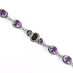 Moldavite and Amethyst Bracelet, Oval Faceted Moldavite Bracelet, Handmade Sterling Silver Bracelet, Moldavite Jewelry