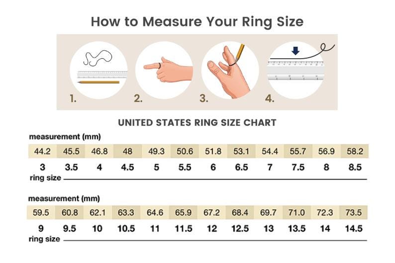 May include: A chart showing how to measure your ring size in millimeters. The chart includes a conversion table for United States ring sizes.