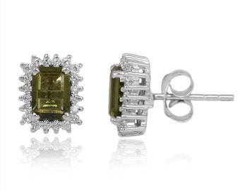 Faceted Moldavite Sterling Silver Stud Earrings, Czech Republic