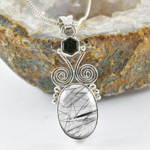 Faceted Moldavite Pendant and Black Rutile Quartz , Authentic Moldavite with Rutile Quartz, Sterling Silver Pendant