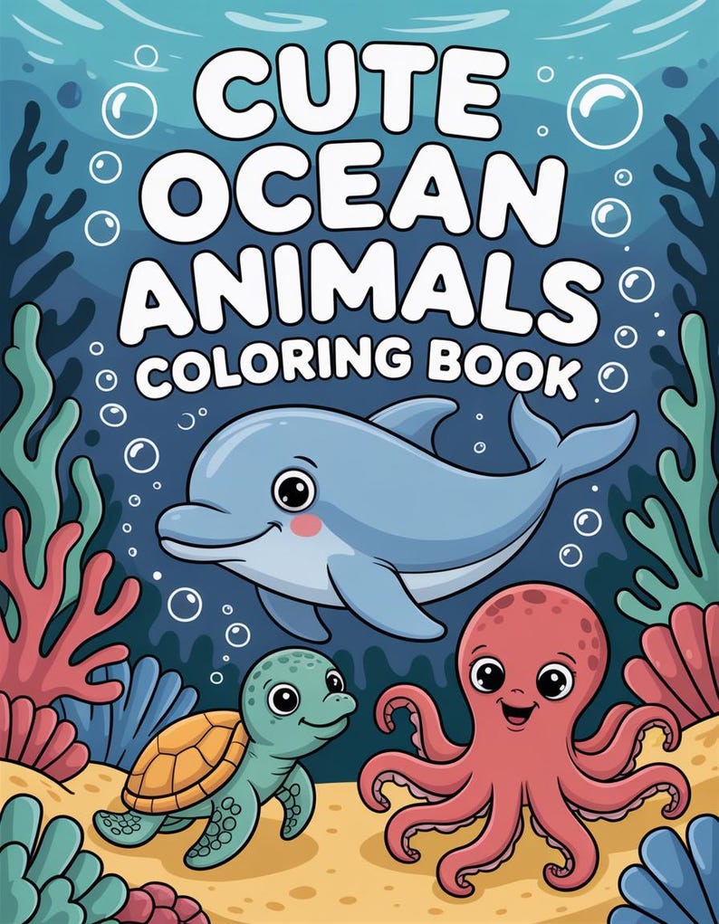 Cute Ocean Animals Coloring Book for Kids! Printable Digital Instant ...