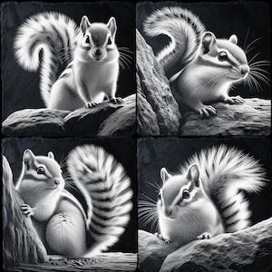 May include: Four black and white drawings of chipmunks on a black background. Each chipmunk is drawn in a different pose, with its tail curled up behind it. The chipmunks are all facing the viewer.