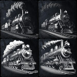 Vintage Steam Train PNG Set – 4 Locomotive Laser Engraving Files, Railway Art for Slate or Wood Projects