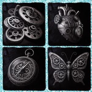 Könnte beinhalten: Set aus vier schwarzen Schieferuntersetzern mit Steampunk-Designs. Enthält einen Haufen Zahnräder, ein mechanisches Herz, einen Kompass und einen Schmetterling aus Zahnrädern. Jeder Untersetzer hat ein einzigartiges Design.