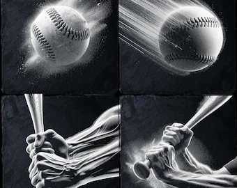 May include: A black and white image of a baseball being hit by a bat. The baseball is in mid-air and the bat is in motion. The image is split into four sections, each showing a different stage of the swing.