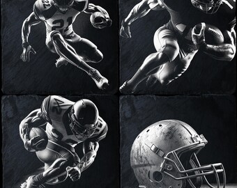 May include: Four black and white images of American football players and a football helmet. The images are on a black slate background.