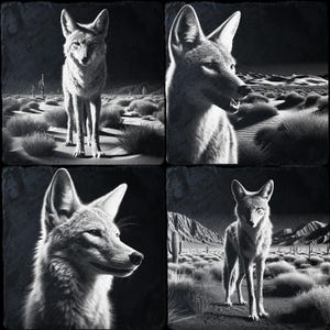 May include: A black and white photo collage of four images of a coyote in a desert setting. The coyote is standing in the middle of the desert, looking at the camera. The coyote is surrounded by sand dunes and cacti.