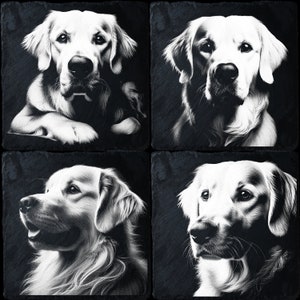 Pacote com 4 Golden Retrievers de ardósia, arquivos PNG prontos para gravação a laser, arte em bandeja de ardósia, CNC, CO2, Lightburn, Glowforge, Xtool