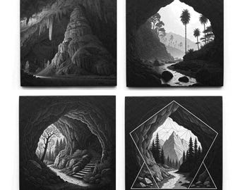May include: A set of four square black and white wall art prints. The top left shows a cave interior with stalactites. The top right depicts a river flowing from a cave toward palm trees. The bottom left shows a cave path. The bottom right features a mountain landscape framed by a geometric white line design.