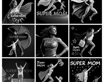 May include: A collection of nine black and white illustrations featuring a superhero figure with a cape and the text SUPER MOM. The images depict various scenes of a parent in a cape interacting with children, flying, or standing heroically.