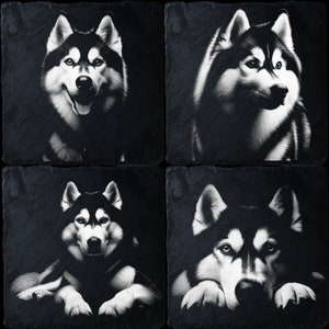 Paquet de 4 huskys | Lot de fichiers laser | Gravure laser PNG | Gravure sur ardoise | Gravure de sous-bock | Américain | Coup de foudre | Forgelumineuse | Outil X | Commande numérique par ordinateur