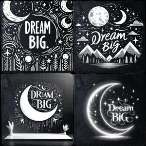 Set van 4 Dream Big Moon & Stars png-bestanden voor lasergravure | CNC xTool Lightburn Co2-etsen, laserbranden, DIY Celestial Art
