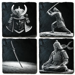 Samurai Engraving Bundle: 4 Laser-Ready PNGs - Helmet, Katana, Warrior, Ronin