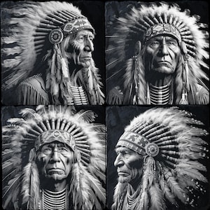 Puede incluir: Cuatro imágenes cuadradas en blanco y negro de un hombre nativo americano con un tocado tradicional. Los retratos, tomados desde diferentes ángulos, muestran el detallado tocado de plumas y adornos de cuentas. Las imágenes tienen un aspecto vintage y artístico.