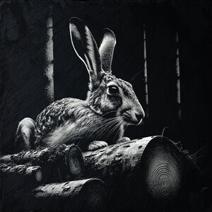 Könnte beinhalten: Eine Schwarzweißillustration eines Kaninchens, das auf einem Holzstapel in einer Waldlandschaft sitzt.