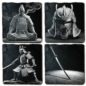 Samurai Engraving Bundle: 4 Laser-Ready PNGs - Helmet, Katana, Warrior, Ronin