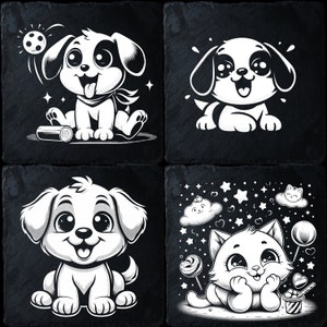 4 Slate Bundle Cartoon animals, Laser Ready PNG Files for Engraving, Slate Board Coaster Tray Art, CNC, CO2, Lightburn, Glowforge, Xtool