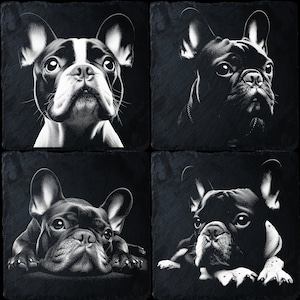 Pacote com 4 arquivos PNG de Bulldog Francês em ardósia, prontos para gravação a laser, arte em bandeja de ardósia, CNC, CO2, Lightburn, Glowforge, Xtool