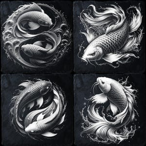 Koivissen lasergravure png-set | Japanse yin-yang-viskunst, CNC-gesneden bestand voor Lightburn, xTool, zen-wanddecoratie en tattoo-ontwerp