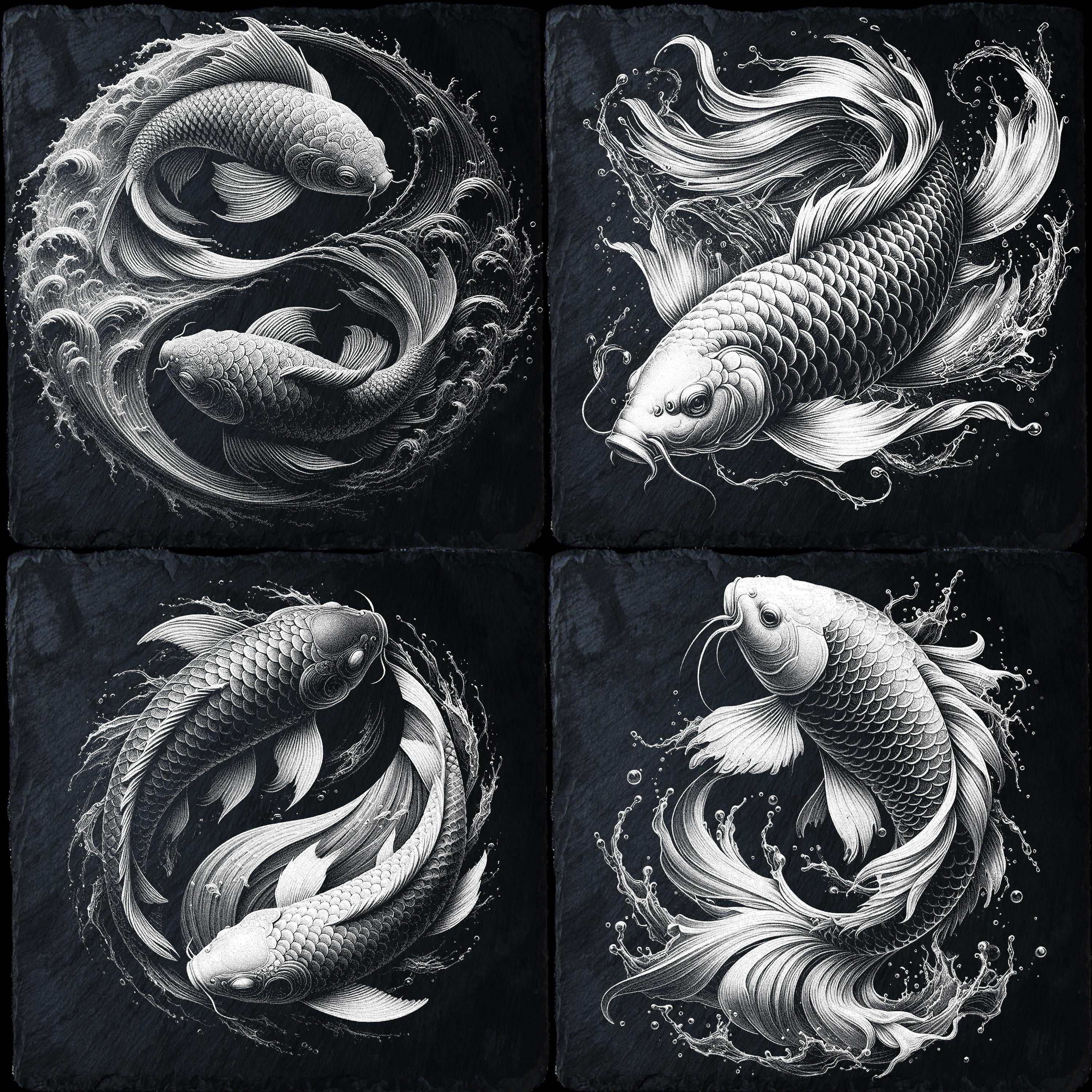 Koi Fish Yin Yang Laser Engraving PNG Set: CNC Cut File (digital