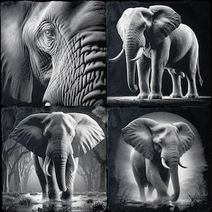 May include: A monochrome image composed of four square tiles, each depicting a detailed illustration of an elephant. The images show close-ups of the elephant's face, and full body views, highlighting its tusks and textured skin. The overall theme is wildlife.