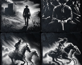 May include: A set of four black slate coasters featuring black and white illustrations of cowboys and horses. The coasters are square and have a rustic, vintage look.