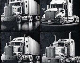 May include: Four black and white images of semi-trucks. Each image shows a different angle of the truck. The trucks are all similar in design and have a large, rectangular cab with a long, rectangular trailer.