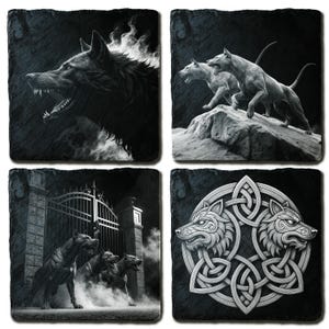 May include: Set of four black slate coasters featuring wolf-themed designs. The coasters showcase detailed illustrations of wolves in various poses, including snarling, leaping, and a Celtic knot design. The images are in shades of gray and black.