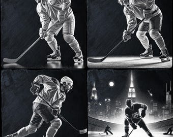 May include: A set of four black slate coasters featuring a black and white image of a hockey player. The coasters are square and have a smooth, polished surface. The hockey player is wearing a jersey and skates and is holding a hockey stick. The image is in a vintage style.