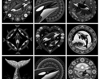 May include: A collection of nine square digital illustrations featuring orcas in various poses, including jumping, swimming, and showing tail flukes. Each image incorporates intricate mandala patterns, floral motifs, and ocean elements in black and white.