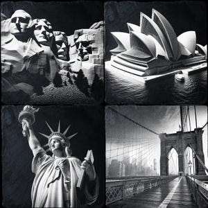 May include: A collage of four black and white images depicting iconic American landmarks: Mount Rushmore, the Sydney Opera House, the Statue of Liberty, and the Brooklyn Bridge.