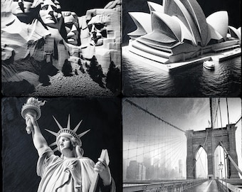 May include: A collage of four black and white images depicting iconic American landmarks: Mount Rushmore, the Sydney Opera House, the Statue of Liberty, and the Brooklyn Bridge.