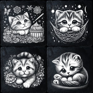 4 leisteenbundel leuk katje, laserklare png-bestanden voor gravure, leisteenbord onderzetter kunst, CNC, CO2, Lightburn, Glowforge, Xtool