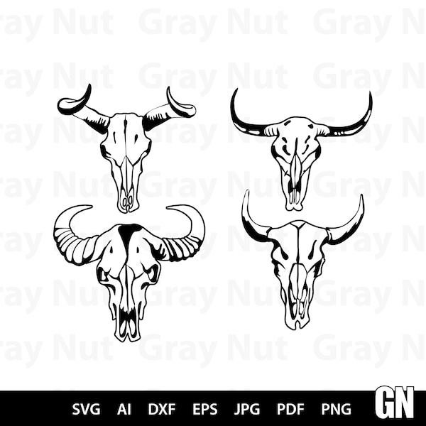 Skull Cow Svg, Bull Svg Files For Cricut, Skeleton Dxf Cut File, Head Vector, Eps, Png, Ipg, Dead, Bone, Death Horn Cattle Buffalo Gray Nut