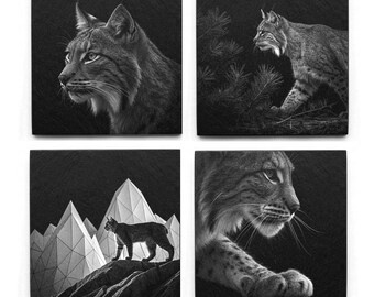 May include: A set of four square wall art tiles featuring black and white photographic prints of lynx cats. The images display close-up portraits of lynx faces, a lynx walking through pine needles, and a lynx standing on a rocky mountain peak.