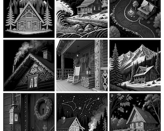 May include: A collection of nine black and white illustrations featuring log cabins in various settings, including mountain landscapes, forest clearings, a porch with a rocking chair, a smoking chimney, a wreath on a door, and a campfire under a starry sky.