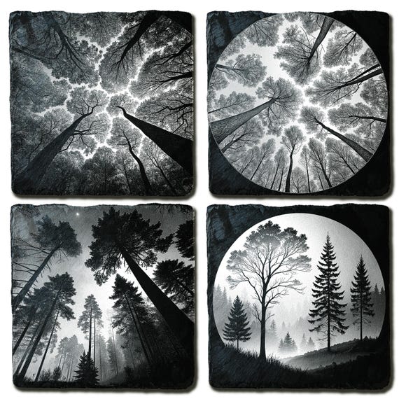 森林の樹冠レーザー彫刻 PNG バンドル: スレートと木のアート