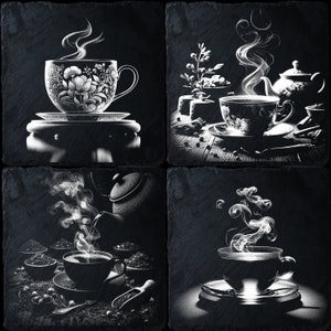 Puede incluir: Cuatro baldosas de pizarra negra con un diseño blanco de tazas de té y teteras con vapor que sale de ellas. Cada baldosa tiene un diseño diferente y está colocada sobre un fondo negro.