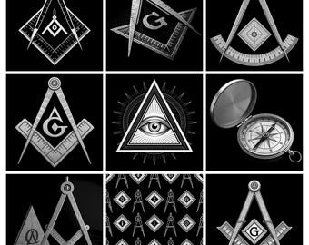 May include: A collection of nine square panels featuring silver-toned Masonic symbols on black backgrounds. The images include various arrangements of compasses, squares, the letter G, an all-seeing eye within a triangle, and a magnetic compass.