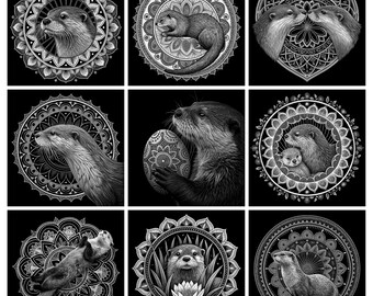 May include: A collection of nine black and white illustrations featuring otters in various poses, including swimming, holding an egg, and resting, each framed by intricate circular or heart-shaped mandala patterns on a solid black background.