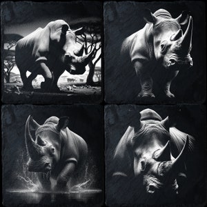 4 Slate Bundle Rhinoceros, Laser Ready PNG Files for Engraving, Slate Board Coaster Tray Art, CNC, CO2, Lightburn, Glowforge, Xtool