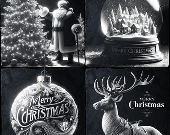 Op de afbeelding: Een collage van vier zwart-wit afbeeldingen met een kerstthema. De afbeelding linksboven toont de kerstman die naast een kerstboom staat. De afbeelding rechtsboven toont een sneeuwbol met een winters tafereel. De afbeelding linksonder toont een versierd kerstbal met de woorden "Merry Christmas". De afbeelding rechtsonder toont een rendier met een tuig en de woorden "Merry Christmas".
