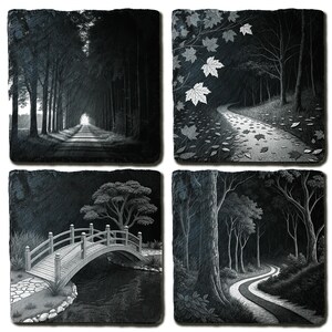 May include: Set of four slate coasters featuring grayscale nature scenes. Images include a tree-lined path, a winding forest trail, a bridge over water, and a path with falling leaves. Each coaster has a dark, textured surface.