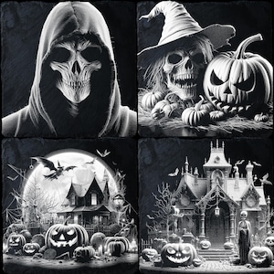 4 pakiety Halloween PNG do grawerowania laserowego CNC, wypalania laserowego, pliku Glowforge, pliku Lightburn, grawerowania łupkowego, cyfrowego projektu PNG, iluzji