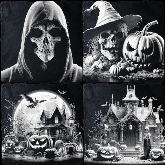 4 Bundle Halloween PNG for CNC Laser Engrave, Laser Burn, Glowforge File, Lightburn File, Slate Engraving, Digital Design PNG, Illusion