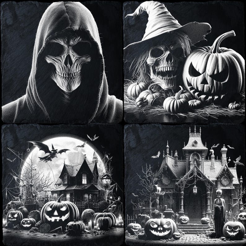 4 Bundle Halloween PNG for CNC Laser Engrave, Laser Burn, Glowforge File, Lightburn File, Slate Engraving, Digital Design PNG, Illusion image 1